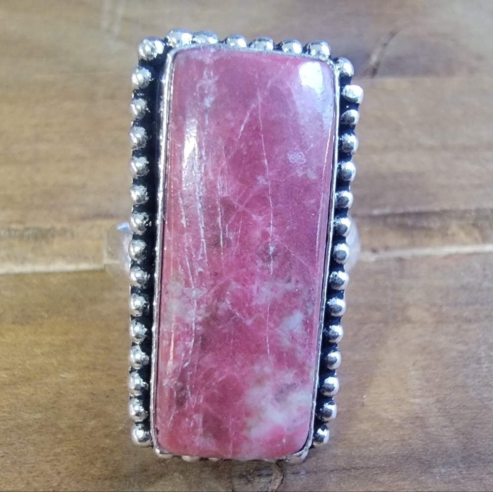 Rectangular Pink Stone Ring in Silver Beaded Setting